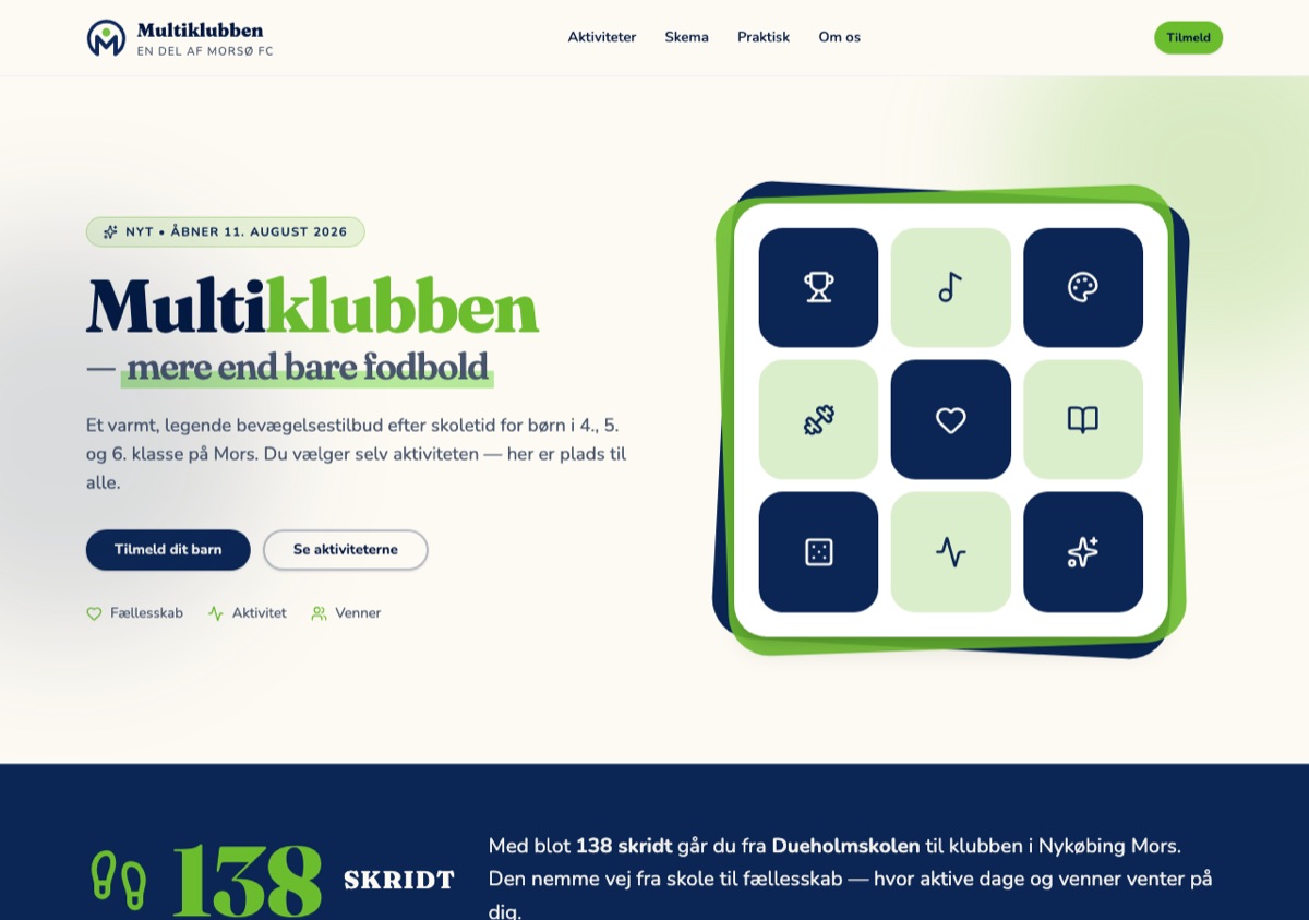 Forsiden af Multiklubbens hjemmeside, bygget af WebAnker